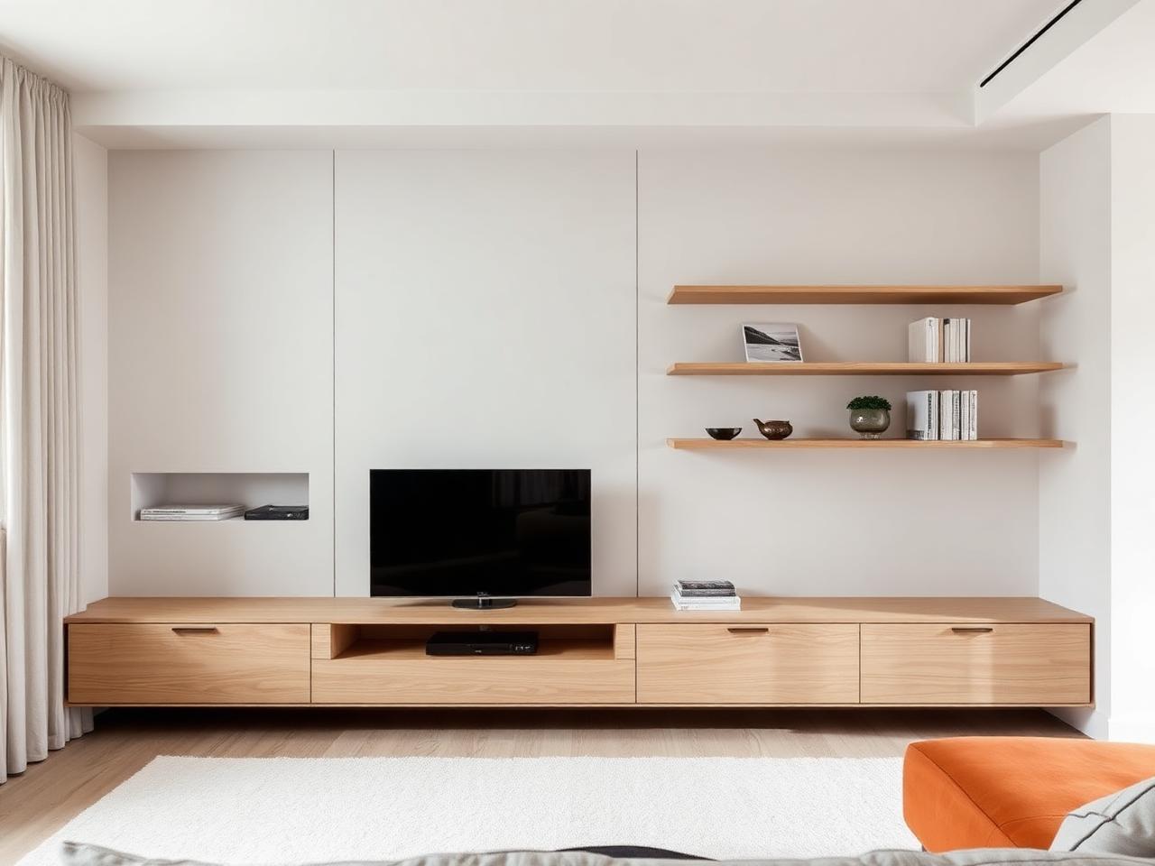 Custom living room media unit with floating oak shelves