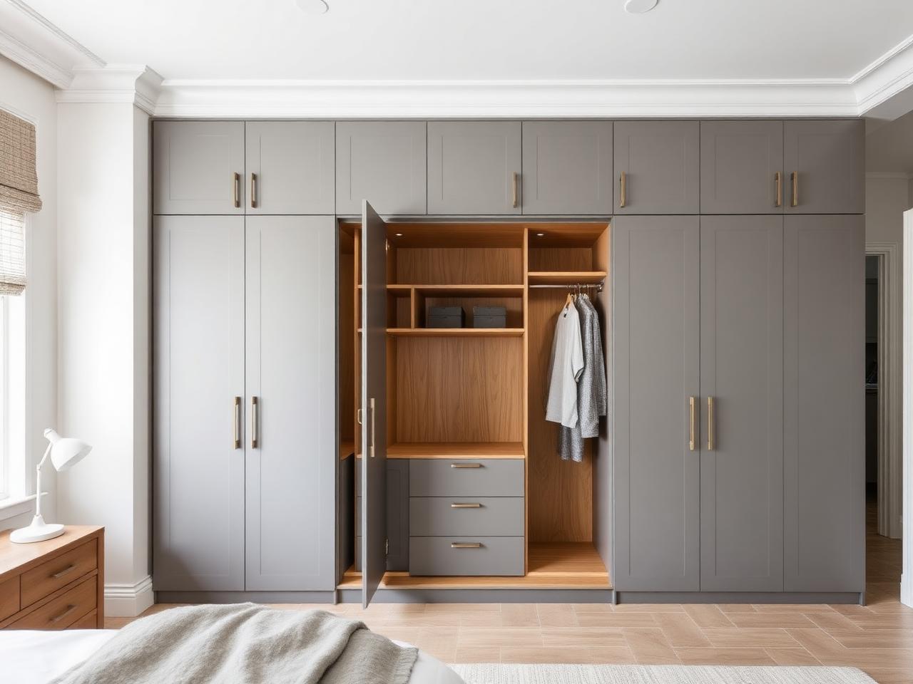Fitted floor-to-ceiling grey wardrobes with oak interior