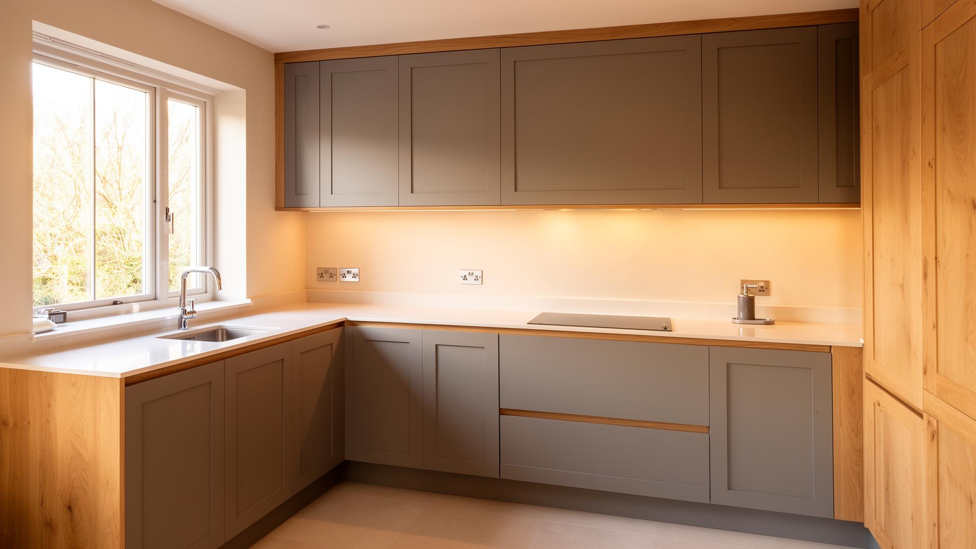 Bespoke grey shaker kitchen with oak detailing